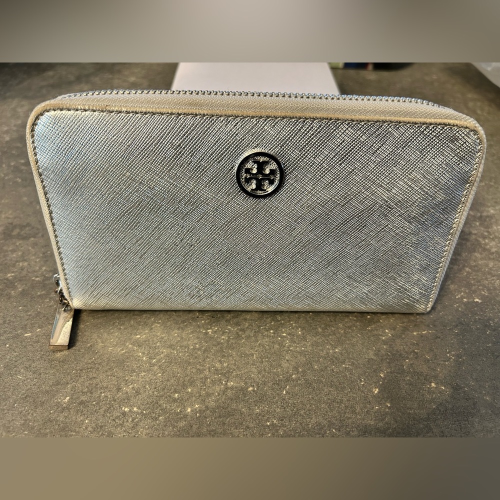 Silver Tory Burch leather zip around long wallet